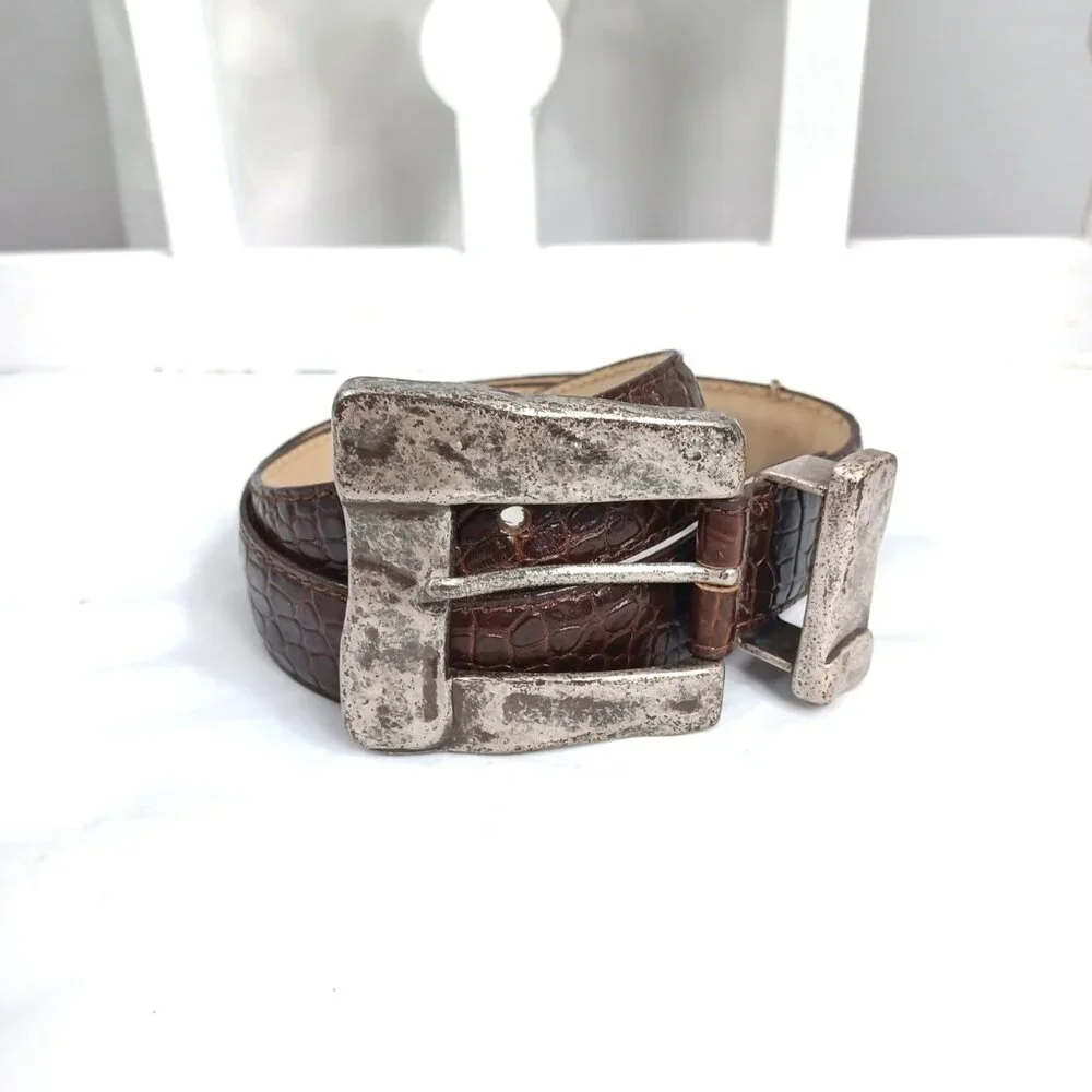 KENNETH COLE Belt Large Distressed Buckle Calfskin Leather S